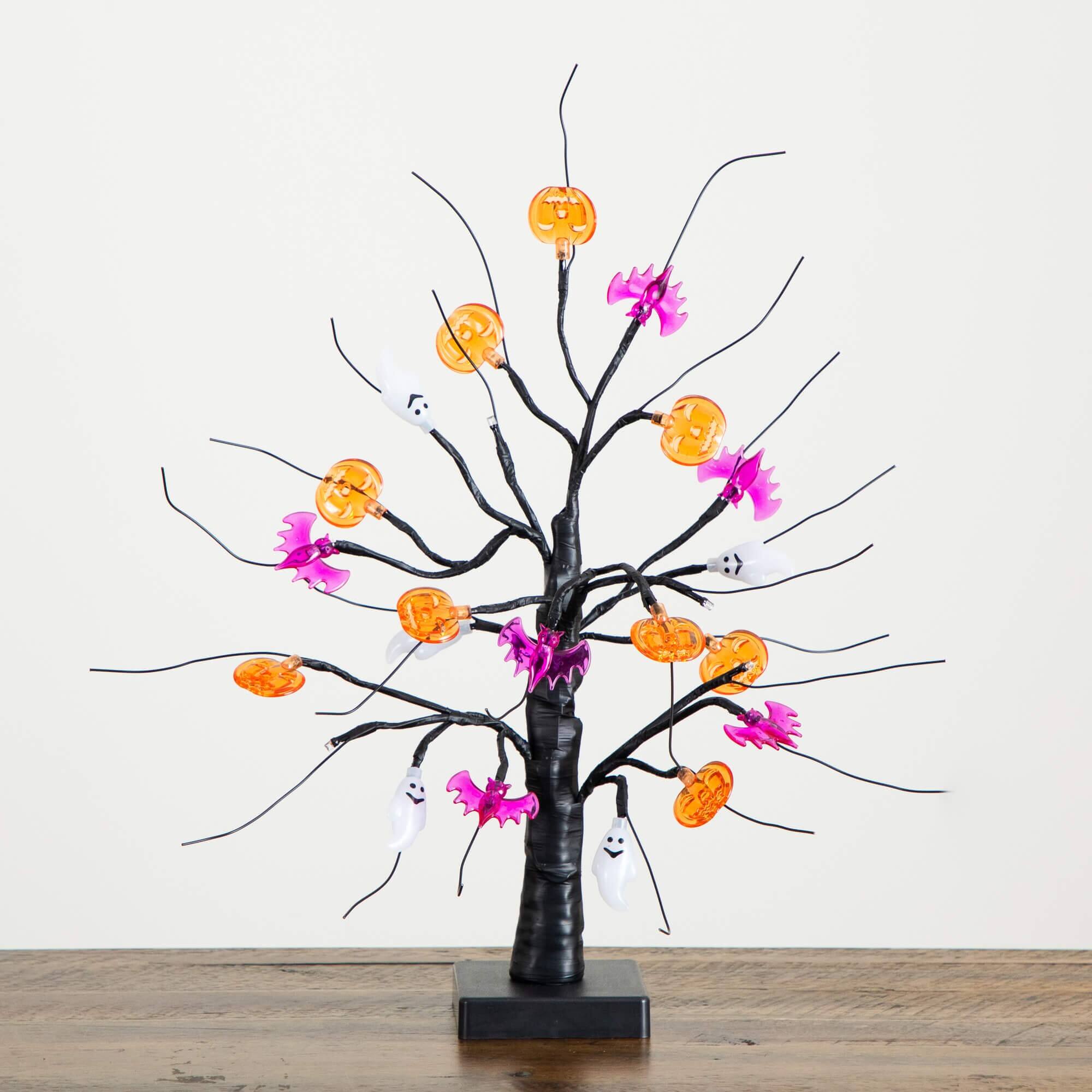 18in. Pre-Lit Artificial Halloween Ghost, Bats & Pumpkins 24 LED Lighted Ornament Tree